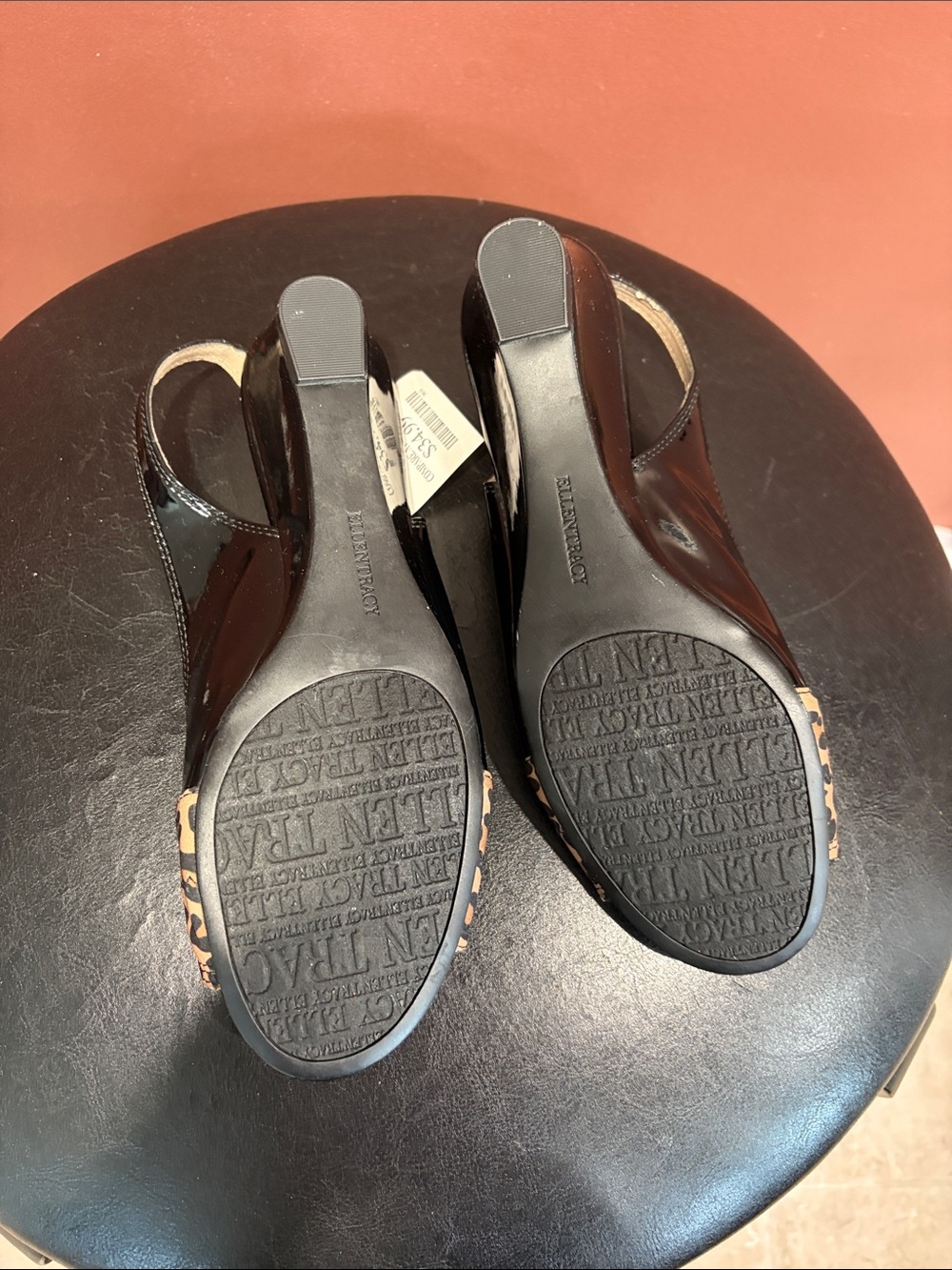 Ellen Tracy Black Patent Slingback Sandals with Leopard Print Toe - Picture 3 of 3